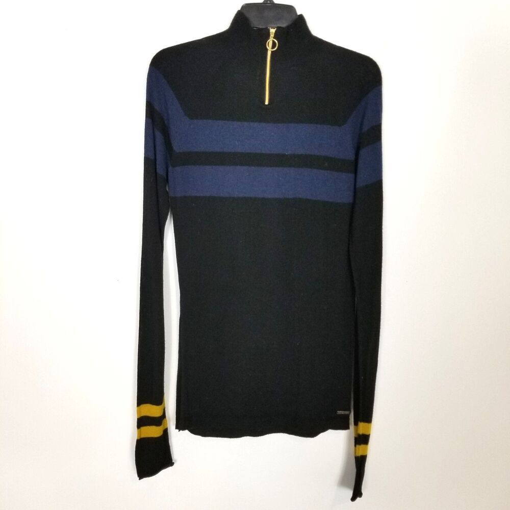 Sweaty Betty Black Turtleneck with Blue Stripes and Yellow Accents